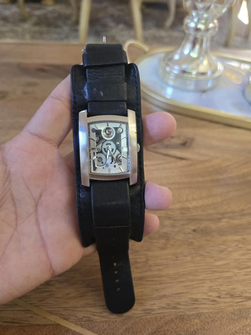 Men's Black Leather Cuff Watch with Silver Case Guess